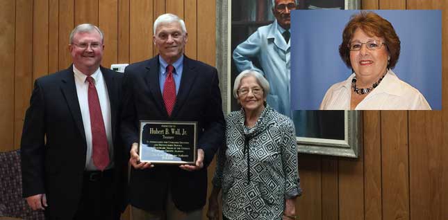 Picture of two different images.
Hubert \&quot;Bernie\&quot; Wall Jr. receiving a certificate for his retirement from The Board at the Authority&apos;s meeting (pictured)
Self portrait of Sharon Davidson. She has been appointed by the Escambia County Commission to fill the Healthcare Authority vacancy created by Wall&apos;s retirement. Davidson is a registered nurse and has worked at D.W. McMillan, Evergreen and Mobile Infirmary Hospitals.