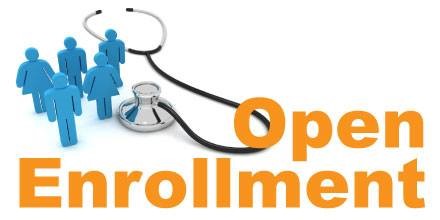 Ad of five stick figures standing next to a stethoscope. Open Enrollment