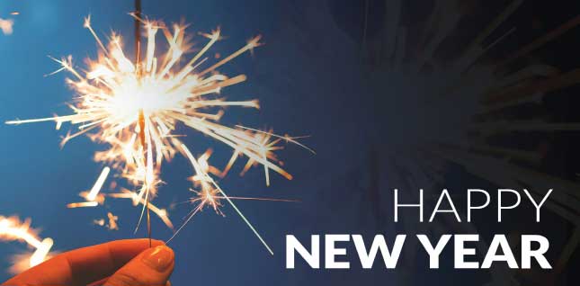 Ad of a person holding a sparkler firecracker. Happy New Year