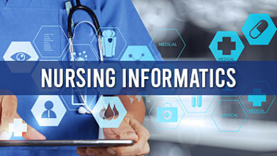 Picture of a male Nurse (neck down shot) holding a tablet in his hand with little medical icons popped up around the whole image. Picture says:
Nursing Informatics